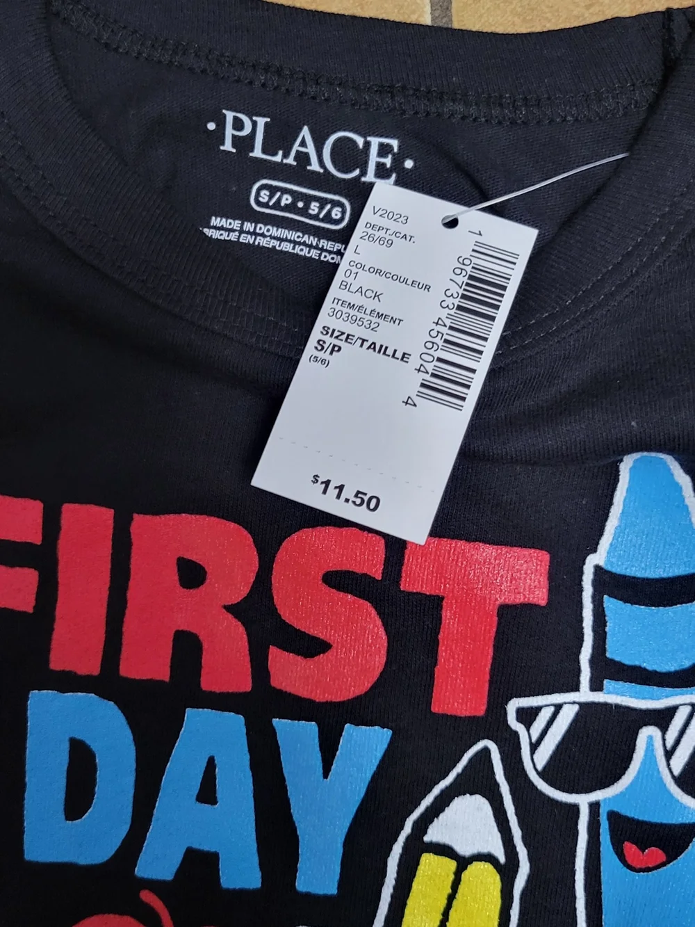 The Children's Place First Day Of Kindergarten Black Tee with Bright Crayon Grap